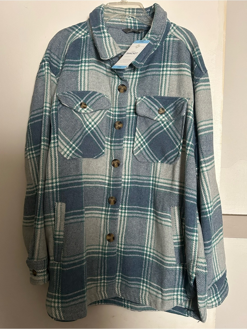 Women's Members Mark Blue Plaid Button-Up Shacket Jacket size Large NEW